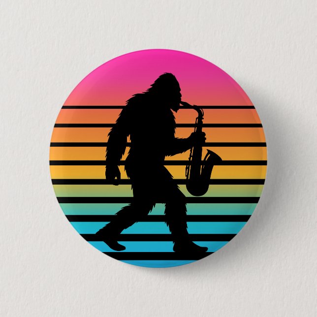 Retro Bigfoot Saxofon Solnedgång Knapp (Framsida)