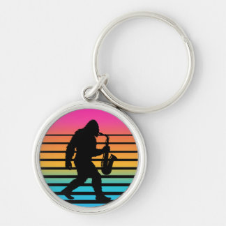 Retro Bigfoot Saxofon Solnedgång Rund Silverfärgad Nyckelring