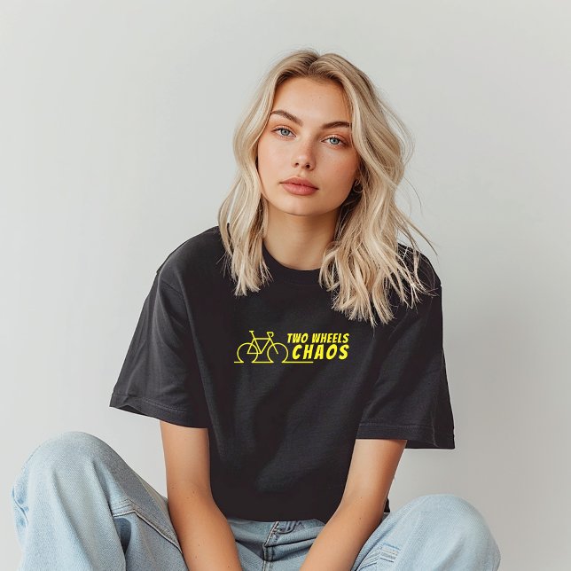 Retro bike Girl Irony black yellow T Shirt (Retro bike Girl Irony Shirt. A fun retro bike graphic and the  saying "Two Wheels, Chaos".)