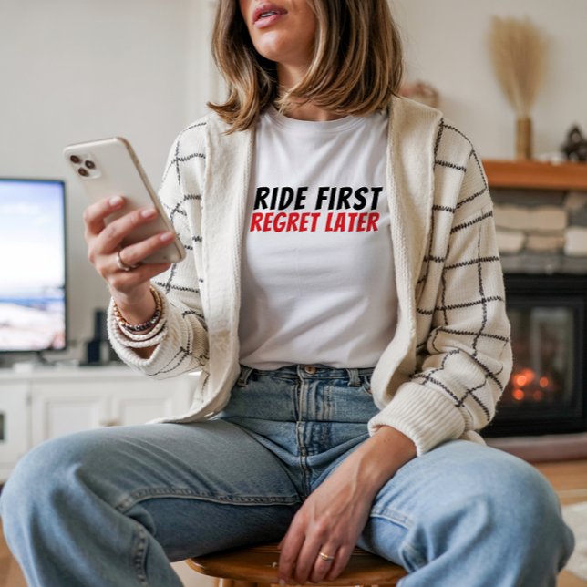 Retro bike Girl Irony red black T Shirt (Accompanying the bike graphic is a fun and playful saying: "Ride First, Regret Later.")