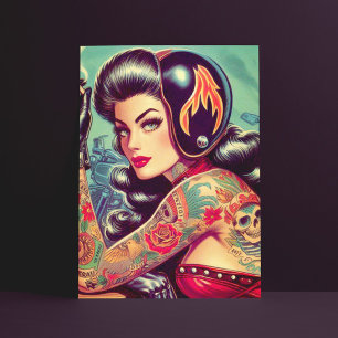 Retro Biker Girl Vykort