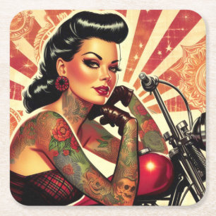 Retro-Biker-Pin-up Underlägg Papper Kvadrat