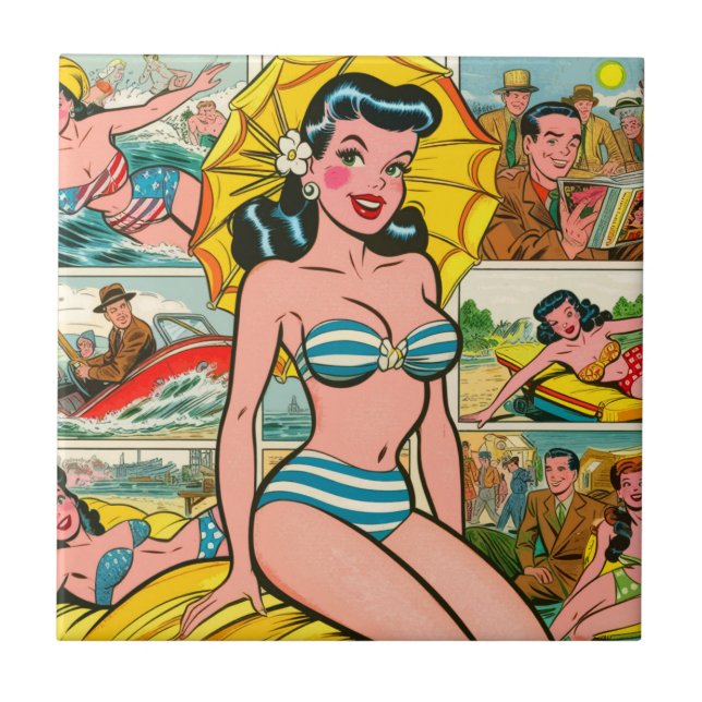 Retro Bikini Flicka Sommar Tecknade Serier Kakelplatta (Framsidan)
