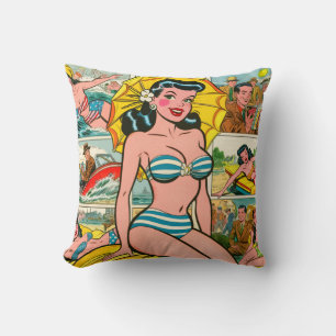 Retro Bikini Girl Summer Tecknads Kudde