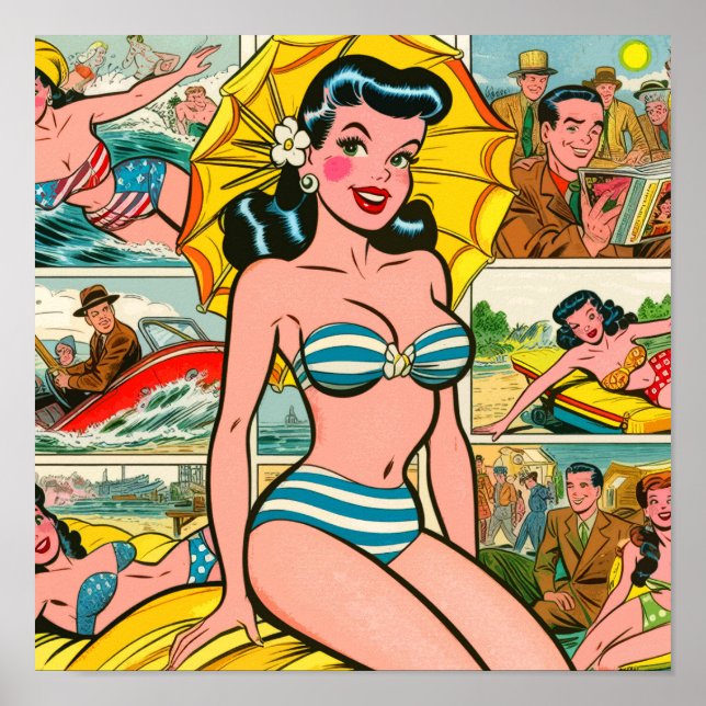 Retro Bikini Girl Summer Tecknads Poster (Framsidan)