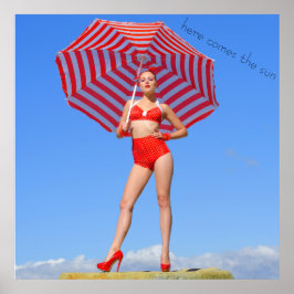 Retro bikini-modell/röd rand-parasol poster