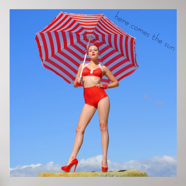 Retro bikini-modell/röd rand-parasol poster (Framsidan)
