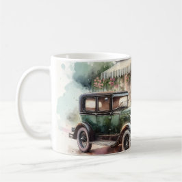 Retro bil & blommande butiksscen kaffemugg
