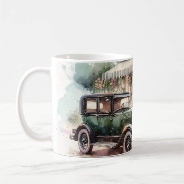 Retro bil & blommande butiksscen kaffemugg (Vänster)
