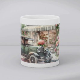 Retro bil & blommande butiksscen kaffemugg