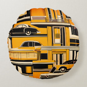 Retro bilar Geometrisk Senap Mid Century Rund Kudde