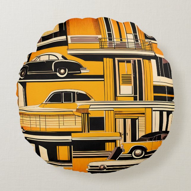 Retro bilar Geometrisk Senap Mid Century  Rund Kudde (Framsidan)