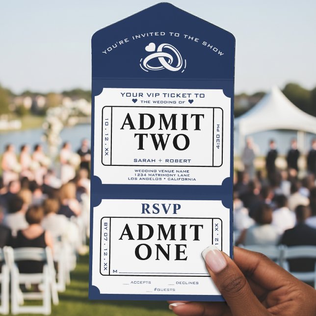 Retro Biljett Stub ger två vita och blå Bröllop (Retro Ticket Stub Admit Two White & Blue Wedding All In One Invitation
)