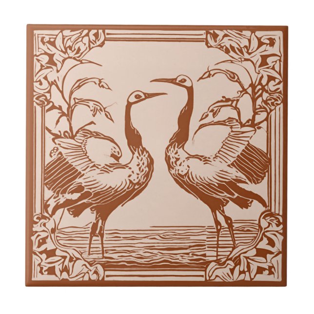 Retro Birds två Cranes Brown Art Deco Art nouveau Kakelplatta (Framsidan)