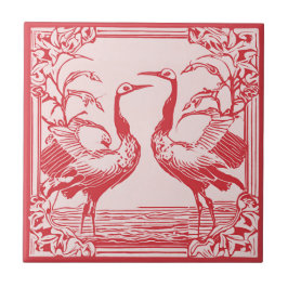 Retro Birds två Cranes Red Art Deco Art nouveau Kakelplatta