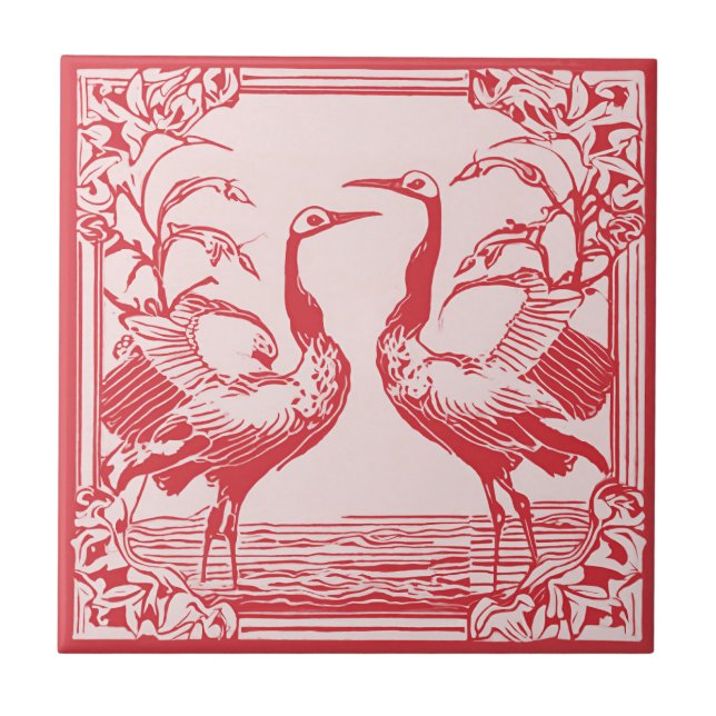Retro Birds två Cranes Red Art Deco Art nouveau Kakelplatta (Framsidan)