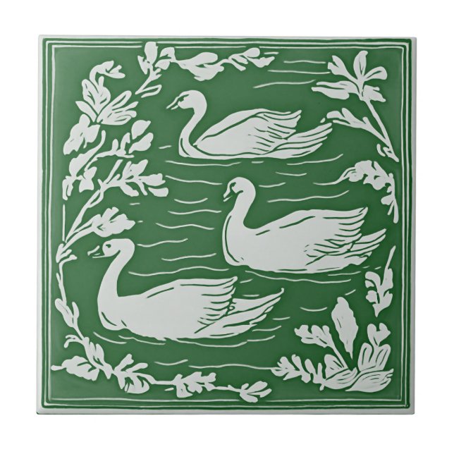 Retro Birds Vintage Grönt Art nouveau Svanar Kakelplatta (Framsidan)
