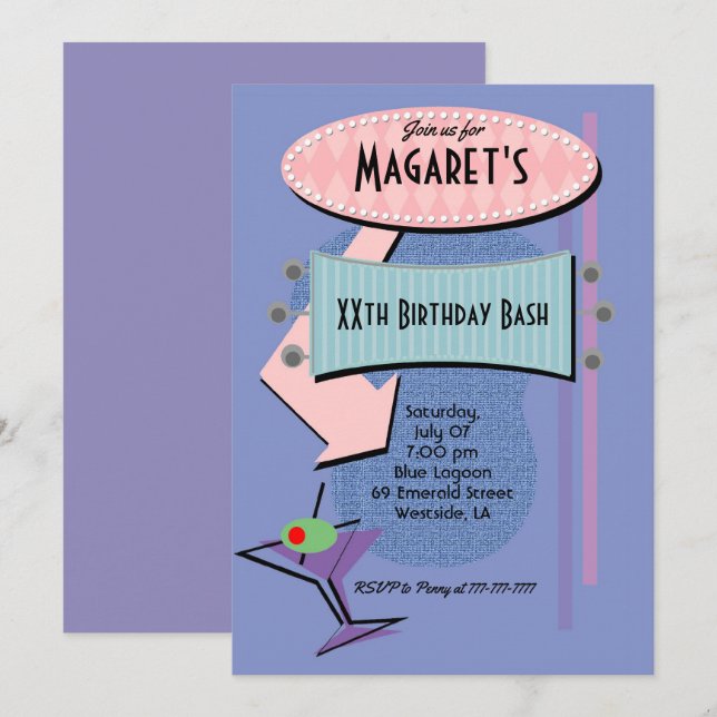 Retro Birthday Cocktail Party Inbjudningar (Fram/baksida)