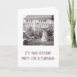 Retro Birthday Flamingo Cute Garden Birdbad Kort