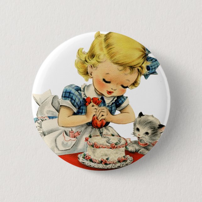 Retro Birthday Girl Cake Cat Artwork Knapp (Framsida)