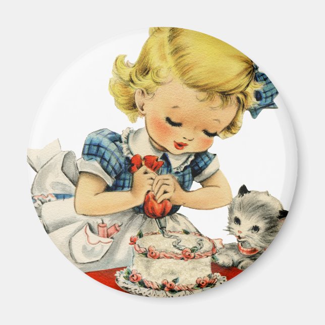 Retro Birthday Girl Cake Cat Artwork Magnet (Framsidan)