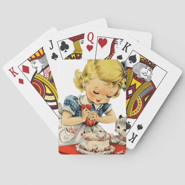 Retro Birthday Girl Cake Cat Children Artwork Casinokort (Baksidan)