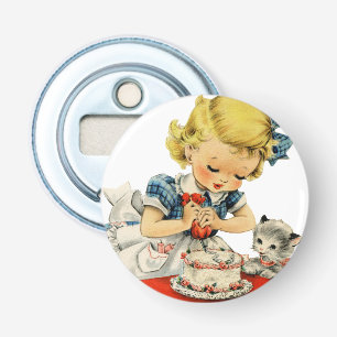 Retro Birthday Girl Cake Cat Children Artwork Flasköppnare
