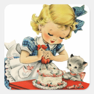 Retro Birthday Girl Cake Cat Children Artwork Fyrkantigt Klistermärke