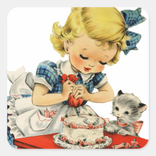 Retro Birthday Girl Cake Cat Children Artwork Fyrkantigt Klistermärke