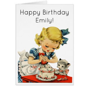 Retro Birthday Girl Cake Cat Children Artwork Hälsningskort