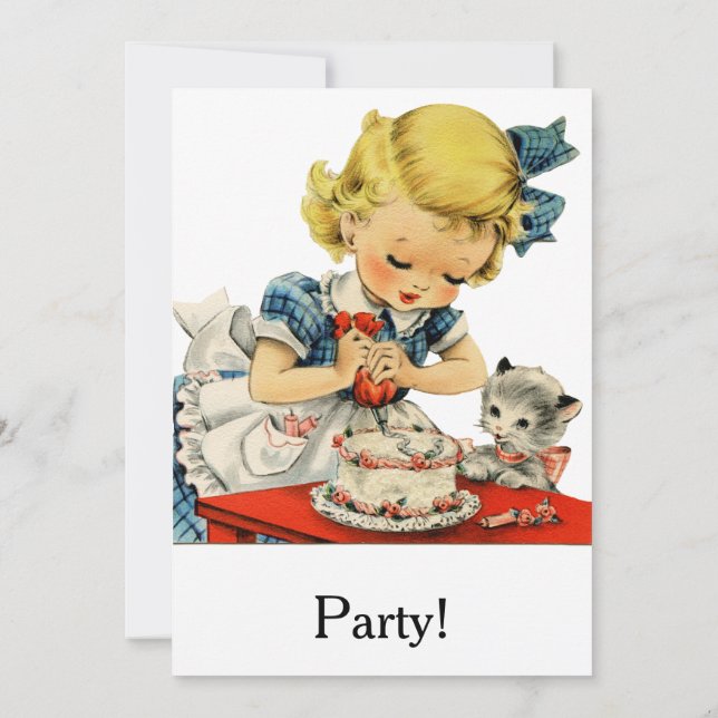Retro Birthday Girl Cake Cat Children Artwork Inbjudningar (Baksida)