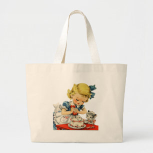 Retro Birthday Girl Cake Cat Children Artwork Jumbo Tygkasse