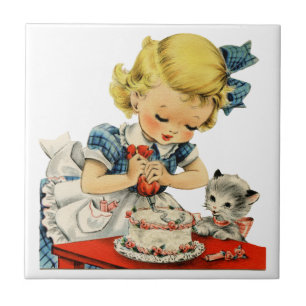 Retro Birthday Girl Cake Cat Children Artwork Kakelplatta