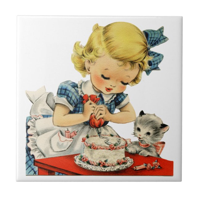 Retro Birthday Girl Cake Cat Children Artwork Kakelplatta (Framsidan)