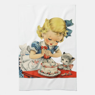 Retro Birthday Girl Cake Cat Children Artwork Kökshandduk