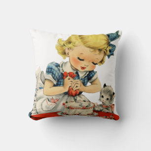 Retro Birthday Girl Cake Cat Children Artwork Kudde