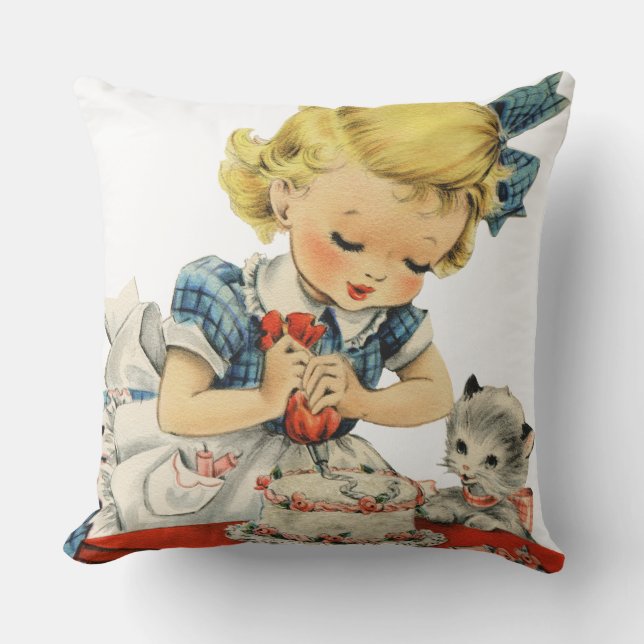 Retro Birthday Girl Cake Cat Children Artwork Kudde (Framsida)