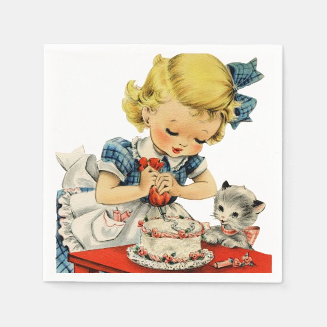 Retro Birthday Girl Cake Cat Children Artwork Pappersservett (Framsidan)