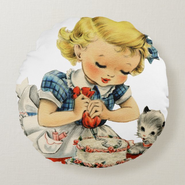 Retro Birthday Girl Cake Cat Children Artwork Rund Kudde (Framsidan)