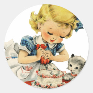 Retro Birthday Girl Cake Cat Children Artwork Runt Klistermärke