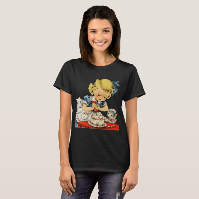 Retro Birthday Girl Cake Cat Children Artwork T Shirt (Hel framsida)