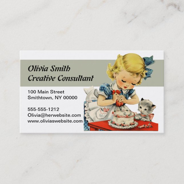 Retro Birthday Girl Cake Cat Children Artwork Visitkort (Framsida)