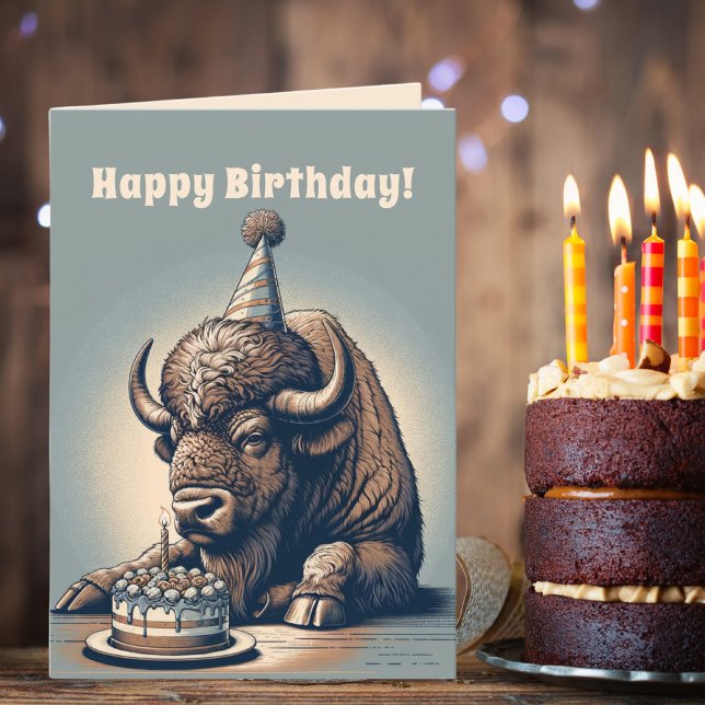 Retro Bison Buffalo Grattis på födelsedagen Kort (Skapare uppladdad)