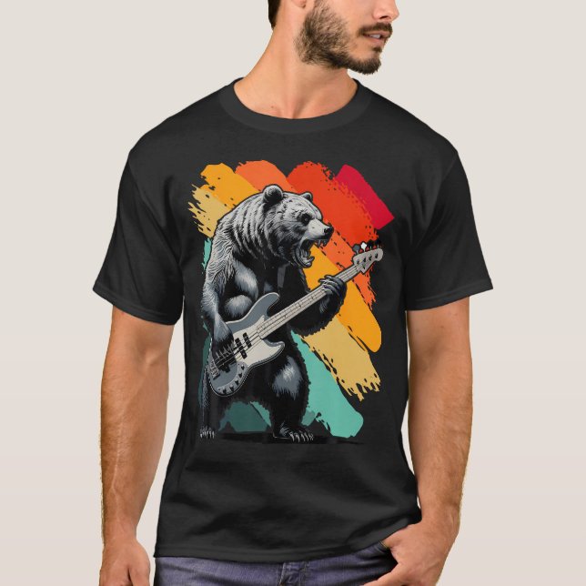 Retro björn spelar basgitarr Björn gitarrist Musik T Shirt (Framsida)
