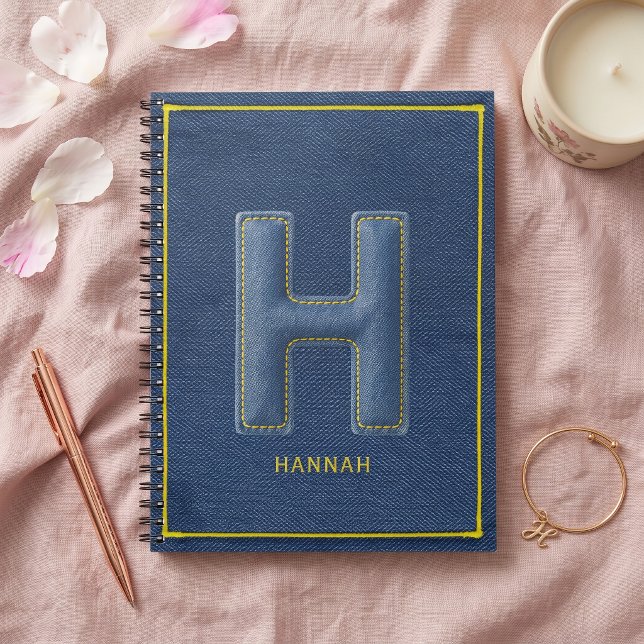 Retro Blå Denim Gul Sy Häftning Monogram Bokstav H Anteckningsbok (Skapare uppladdad)