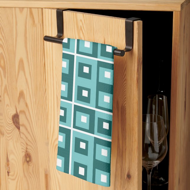 Retro Blå Geometriska Fyrkantar Mønster Kökshandduk (Thirds Fold)