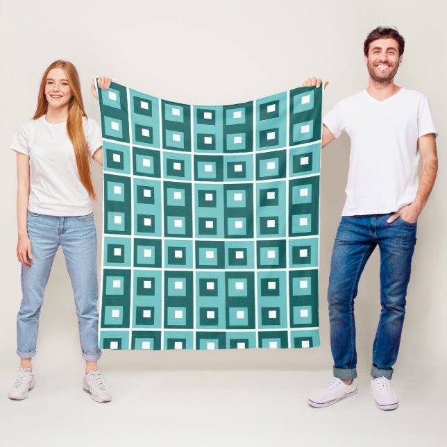 Retro Blå Geometriska Fyrkantiga Mönster Fleecefilt (På plats)