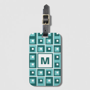 Retro Blå Geometriska Fyrkantiga Mönster Monogram Bagagebricka
