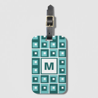Retro Blå Geometriska Fyrkantiga Mönster Monogram Bagagebricka