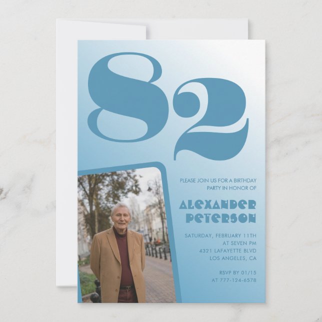 Retro blå gradient foto 82-årsdag inbjudningar (Framsida)